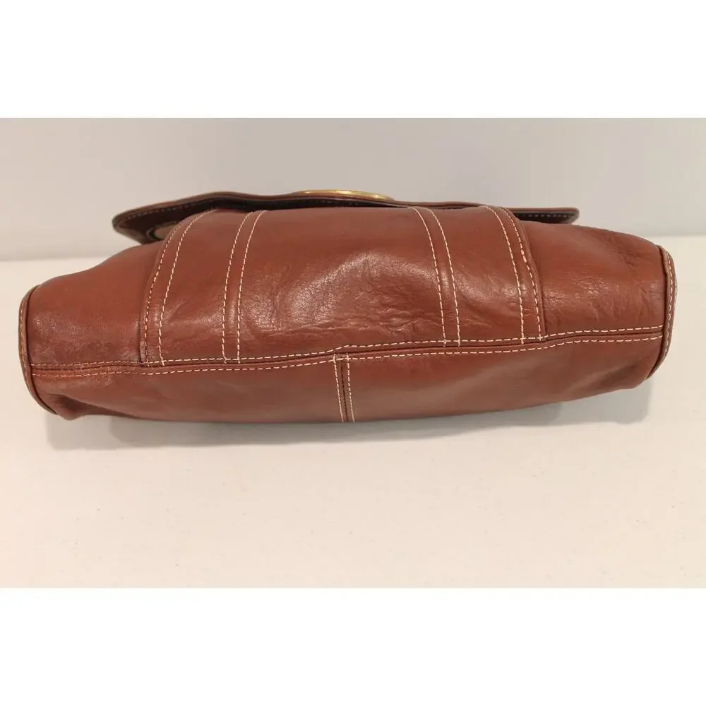 Talbots Leather Handbag Purse Brown White Thread Detailing Flap Closure